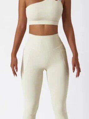 GOQQ Two Piece Ribbed Leggings and Matched Off Shoulder Midriff Top M